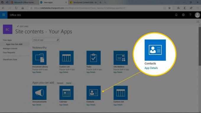 Rakenduse Kontaktid ikoon Sharepointi loomise lehel