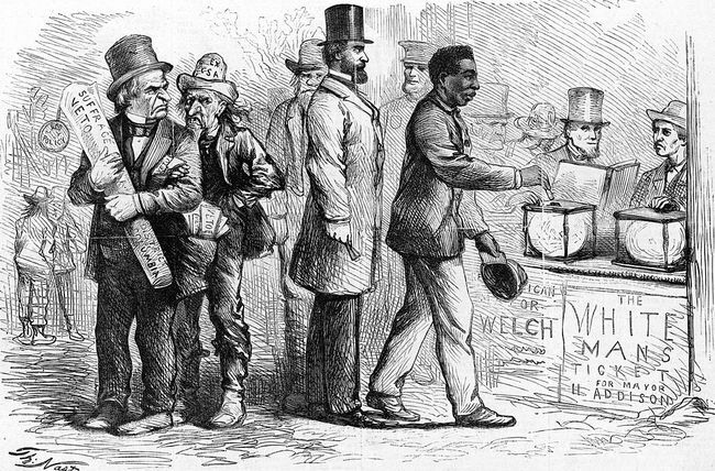 Märts 1867, Ameerika karikaturisti Thomas Nasti poliitiline koomiks Harper's Weekly, mis kujutab afroameeriklast mees heitis oma hääletussedelit Georgetowni valimiste ajal hääletuskasti, kui Andrew Jackson ja teised vaatavad vihaselt.