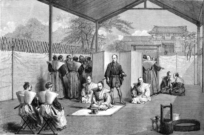 Illustratsioon samurai ettevalmistamiseks avalikuks rituaaliks seppuku