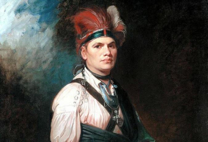 Joseph Brant põlisameeriklaste peakattega kleidis