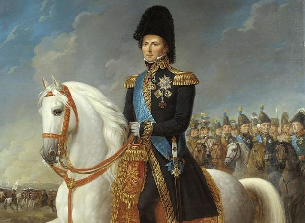 Kroonprints Charles Johni maal hobuse seljas sõjaväe vormiriietuses.