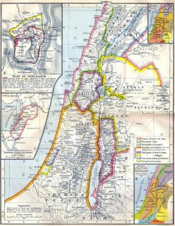 Muistse Palestiina kaart koos putukatega, mis näitavad Jeruusalemma ning Taaveti, Saalomoni, Joosua ja kohtunike domineerimisi