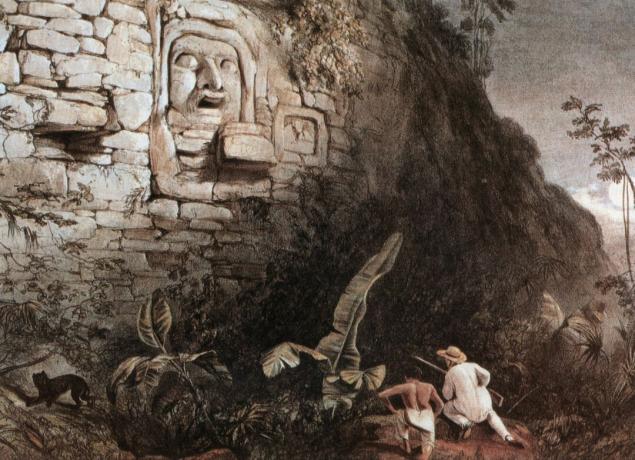 Itzamna maya skulptuur, Frederick Catherwoodi litograafia 1841. aastal: see on ainus pilt sellest krohvimaskist (2m kõrge). jahikoht: valge jahimees ja tema giid kassi