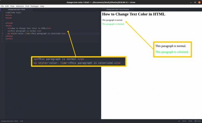 Koodiredaktor HTML-i ja esiletõstetud jaotistega vasakul ning HTML-i eelvaade ja esiletõstetud tulemused paremal