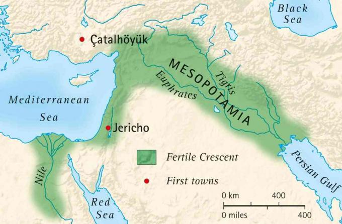 Mesopotaamia ja Egiptuse viljaka poolkuu kaart ja esimeste linnade asukoht