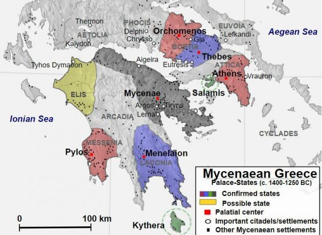 Kaart, mis näitab Mükeene Kreekat 1400–1250 B.C.