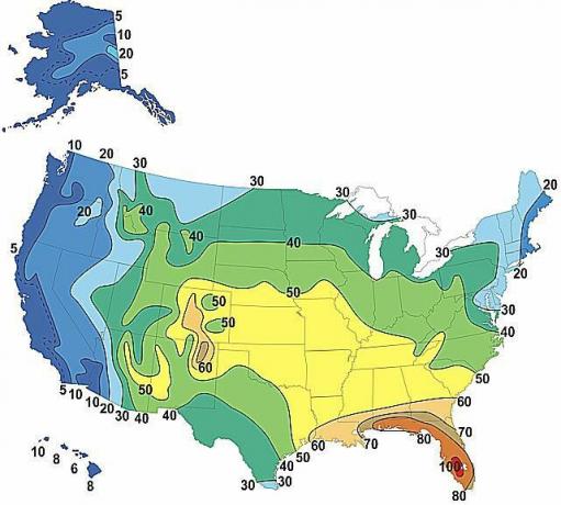 Kaart, mis näitab keskmist äikesepäevade arvu igal aastal USA-s (2010)