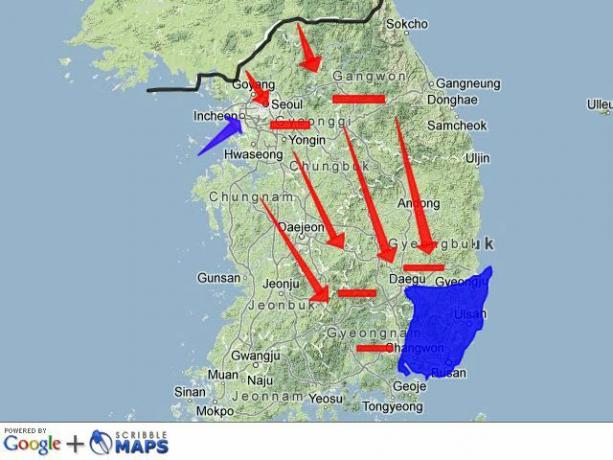 Pusani ümbermõõt ja Inchoni sissetung kaardile, Korea sõda, 1950