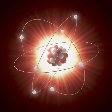 Aatomituuma illustratsioon punaste ja valgete ringide jadana, mida tiirlevad elektronid, mida tähistavad valged ringid.