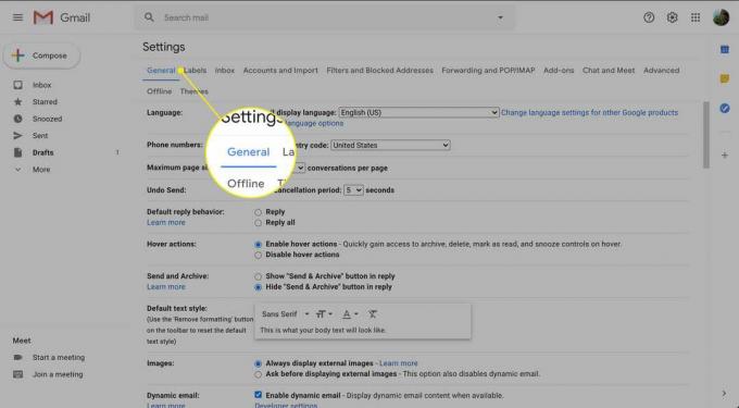 Gmaili seadete vahekaart Üldine