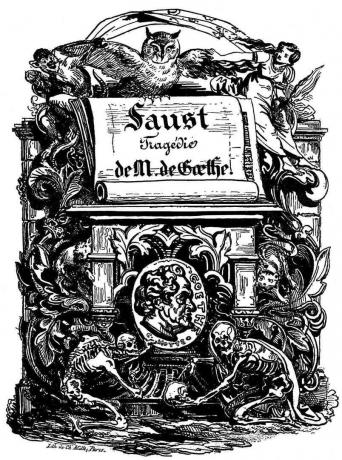 Johann Wolfgang von Goethe - tiitelleht saksa luuletaja ja mõtleja tragöödiale „Faust“ (toim. Stapfer, 1828). Prantsuse romantilise maalikunstniku Ferdinand Victor Eugene Delacroixi litograafia.