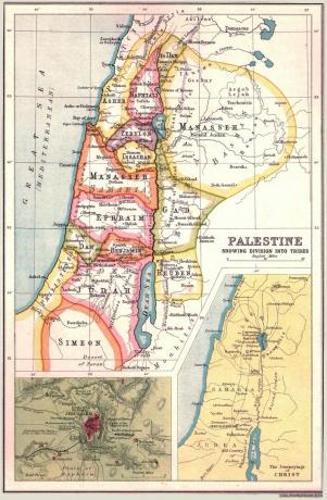 Palestiina kaart, kus on näidatud Iisraeli kaheteistkümne hõimu territooriumid Jeruusalemma ja Rumeenia putukatega 