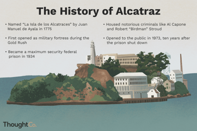 Alcatrazi ajalugu: nimega Juan Manuel de Ayala “La Isla de los Alcatraces” 1775. aastal. Esmakordselt avati see sõjaväelinnusena kullapalaviku ajal. 1934. aastal sai maksimaalse turvalisusega föderaalvangla. Majas kurikuulsad kurjategijad nagu Al Capone ja Robert “Birdman” Stroud. Avalikkusele avati 1973. aastal, kümme aastat pärast vangla sulgemist.