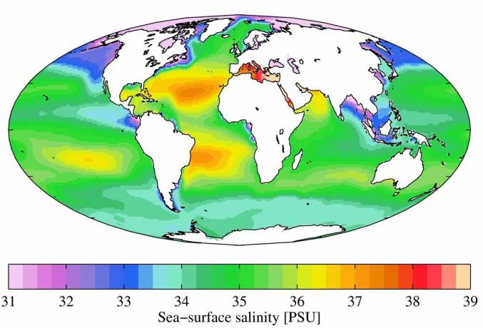 Aastane keskmine merepinna soolsus 2009. aasta Maailma ookeani atlasest. Soolsus on loetletud praktilistes soolasuse ühikutes (PSU).