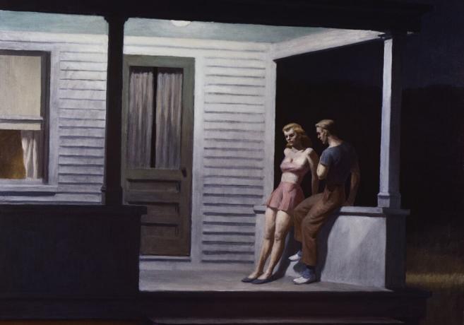 Noormees ja naine libisevad pimedal õhtul kurvalt maamaja verandavalguse all
