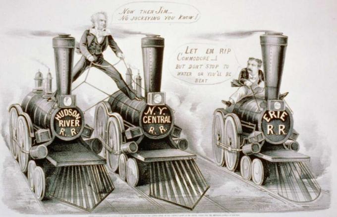Illustratsioon Cornelius Vanderbiltist ja Jim Fiskist, kes võistlevad raudtee üle.