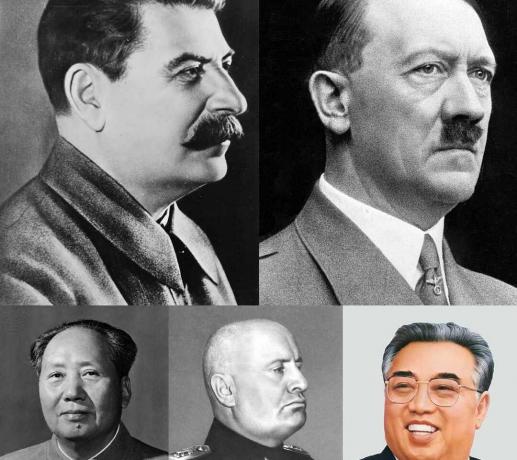 Kollaaž totalitaarsetest juhtidest (igas reas - vasakult paremale) Joseph Stalin, Adolf Hitler, Mao Zedong, Benito Mussolini ja Kim Il-sung.