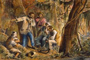 Nat Turneri ja teiste orjade täisvärv joonistus metsas.