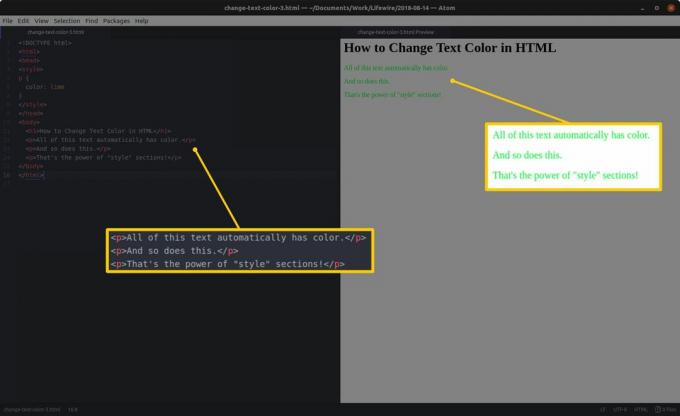 Koodiredaktor HTML-i ja esiletõstetud jaotistega vasakul ning HTML-i eelvaade ja esiletõstetud tulemused paremal