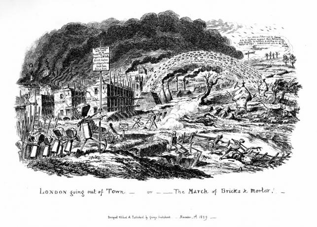 'London läheb linnast välja - või telliste ja mördi märts', 1829. Kunstnik: George Cruikshank