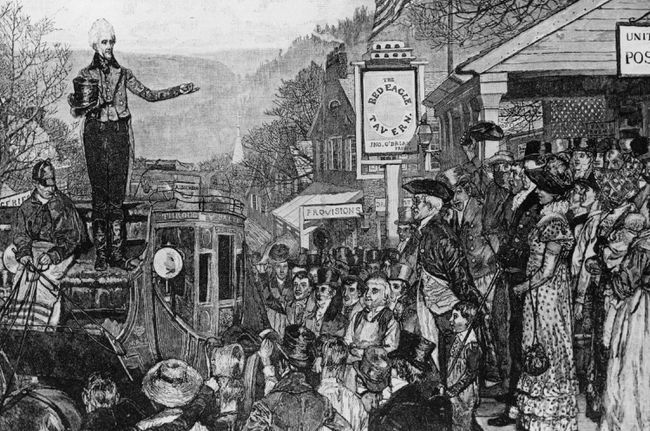 Mustvalge illustratsioon Andrew Jacksonist rahvahulkadele lehvitamas