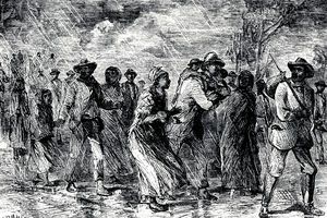 Kunstniku kujutis allmaaraudteel Marylandist põgenenud orjadest