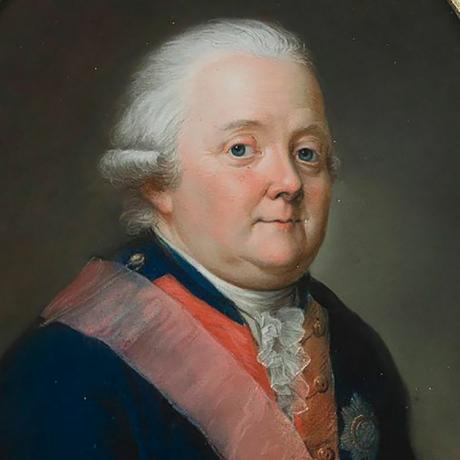 Friedrich Adolf Riedesel sinises sõjaväe vormiriietuses, punaste paeltega.