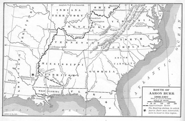 Kaart illustreerib USA endise asepresidendi Aaron Burri ligikaudset marsruuti tema reisil mööda Mississippi jõge, mis sai tuntuks kui Burri vandenõu aastatel 1806–1807.