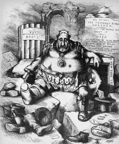 Thomas Nasti koomiks, millel on kujutatud lüüasaanud Boss Tweedit 1871. aasta novembris